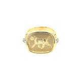 An 18K yellow gold ring with a custom dog engraving on the top surface, with side diamonds
