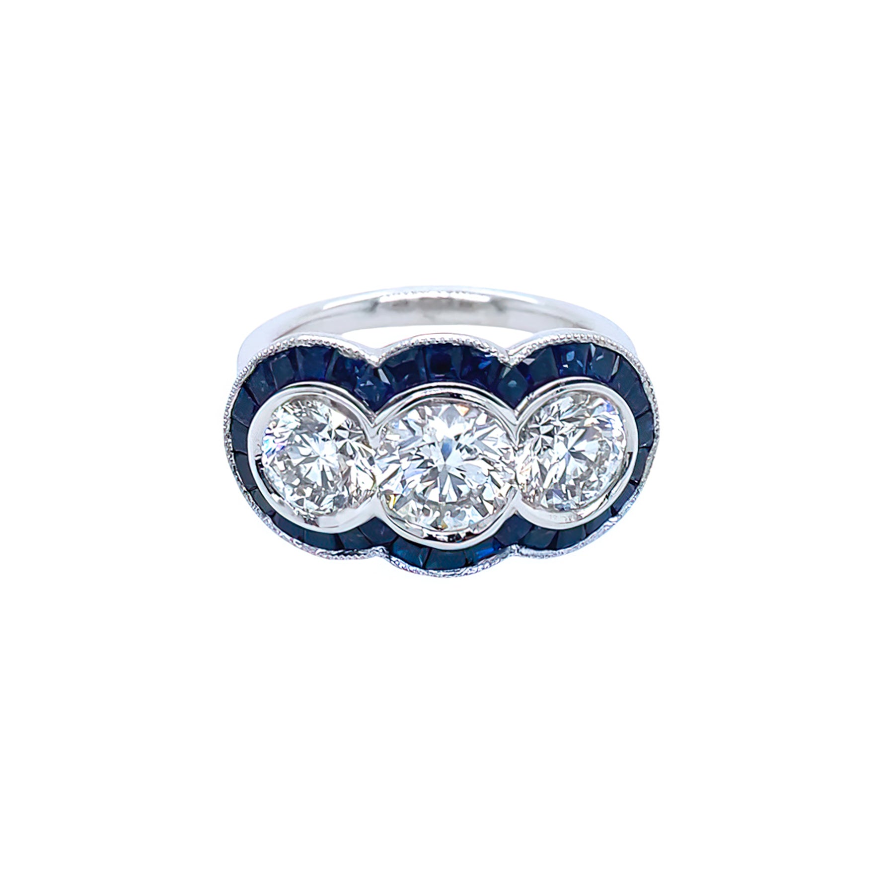 Custom Platinum Triple Bullseye Diamond and Sapphire Ring