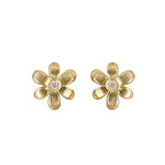 18K yellow gold flower-shaped earrings on a white background