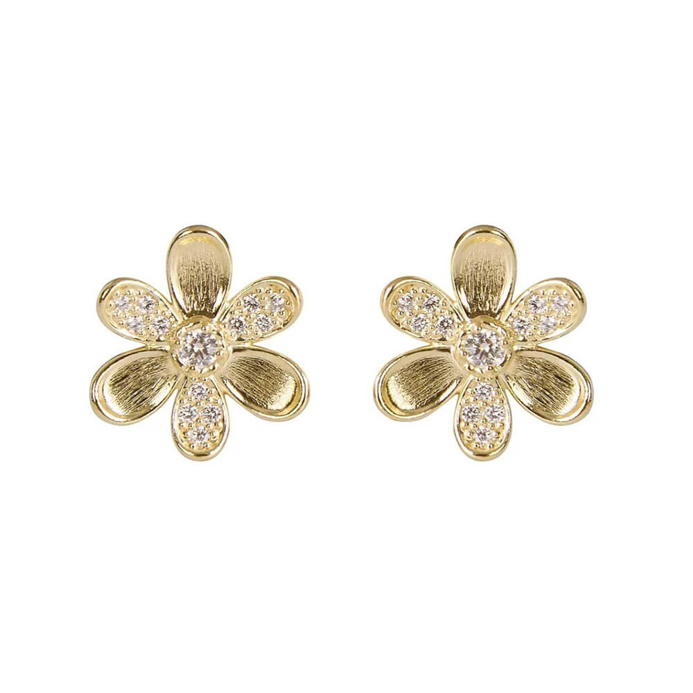 A pair of 18K yellow gold flower-shaped stud earrings, each decorated with small clear pavé diamonds in the center and along the petal edges, set against a plain white background.