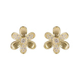 A pair of 18K yellow gold flower-shaped stud earrings, each decorated with small clear pavé diamonds in the center and along the petal edges, set against a plain white background.