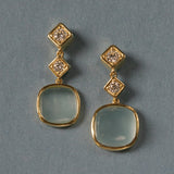 A pair of 18K yellow gold drop earrings with square-cut light blue-green aquamarine stones and small clear diamond accents, displayed on a textured blue-gray background.