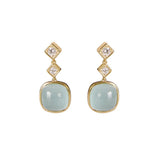 A pair of 18K yellow gold drop earrings each featuring a two diamonds and a large, smooth, light aqua blue cabochon stone below, set against a plain white background.