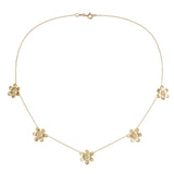 18K yellow gold necklace with floral pendants and diamonds on a white background