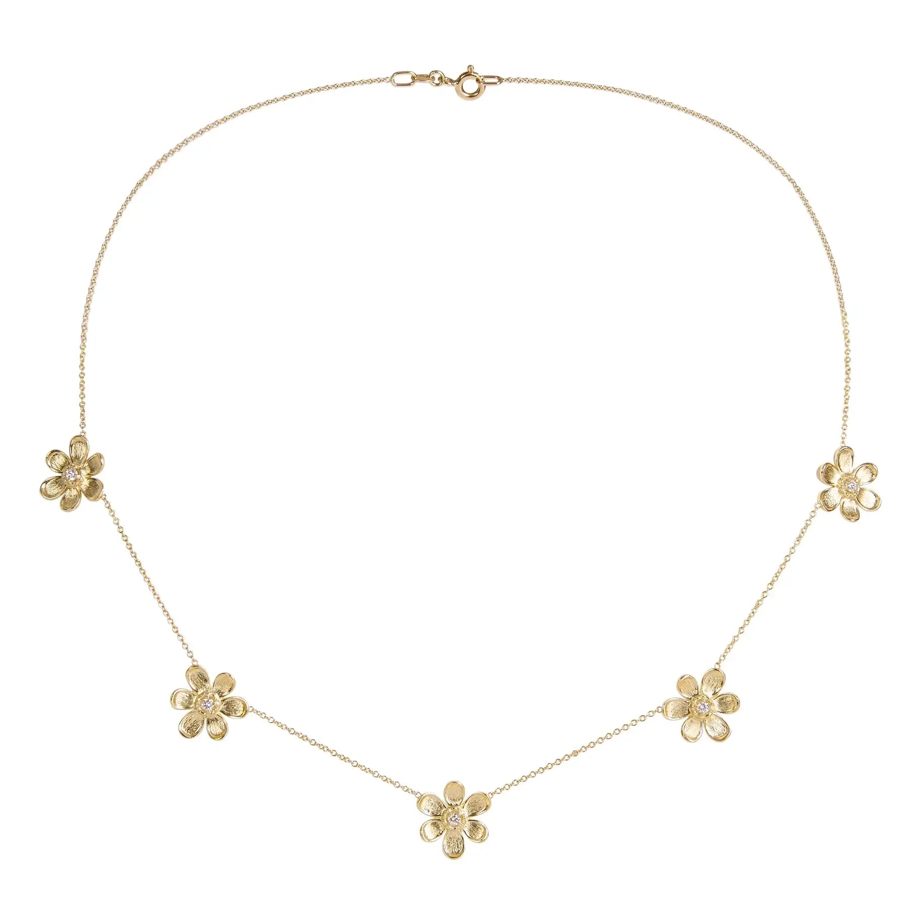 18K yellow gold necklace with floral pendants and diamonds on a white background