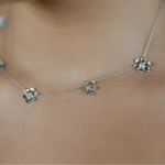 A close-up of a delicate 18K white gold chain necklace with three small flower-shaped charms, worn on a model's neck.