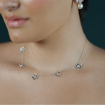 A close-up of a woman wearing a delicate white gold necklace and matching stud earrings with clear floral-like stones and pearl accents against a dark background.