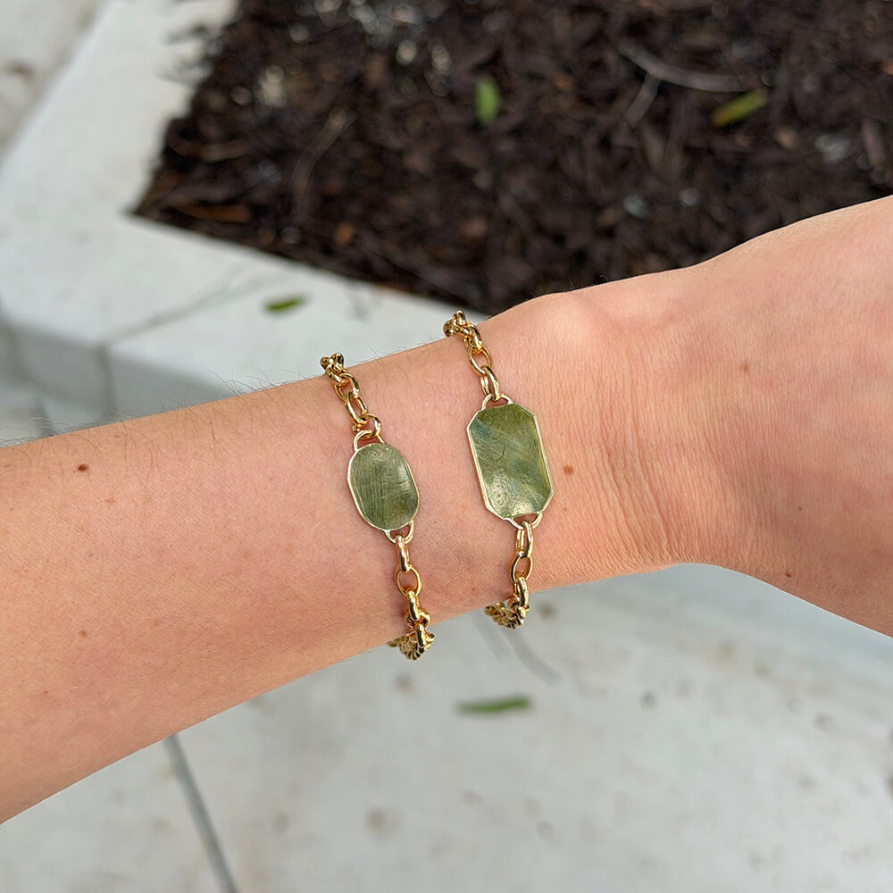 Two 14K gold chain bracelets with engravable 14K gold plates

