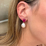 Woman wearing Pearl and Ruby drop earring