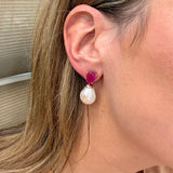 Woman wearing Pearl and Ruby drop earring