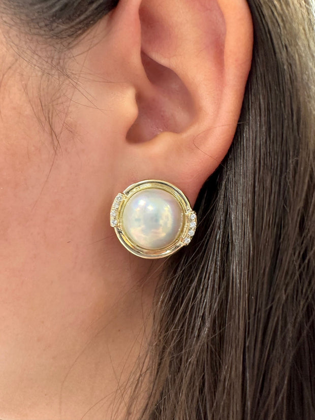 14k Yellow Gold Mabe Pearl Earrings with Diamonds