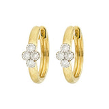 A pair of 18K yellow gold hoop earrings with diamond floral designs by Jude Frances
