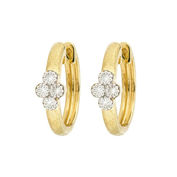 A pair of 18K yellow gold hoop earrings with diamond floral designs by Jude Frances
