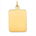 A polished 14K yellow gold rectangular pendant with rounded corners and a small top loop, shown on a clean white background.