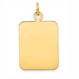A polished 14K yellow gold rectangular pendant with rounded corners and a small top loop, shown on a clean white background.