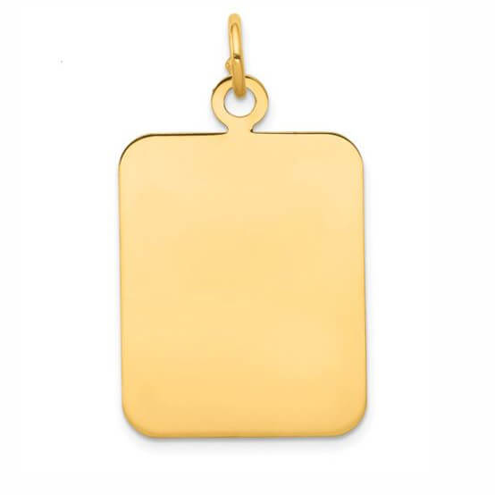 A polished 14K yellow gold rectangular pendant with rounded corners and a small top loop, shown on a clean white background.
