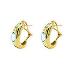 side view of 14K gold earring with blue topaz, peridot and diamonds