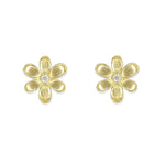 18K gold flower-shaped earrings with a central diamond on a white background