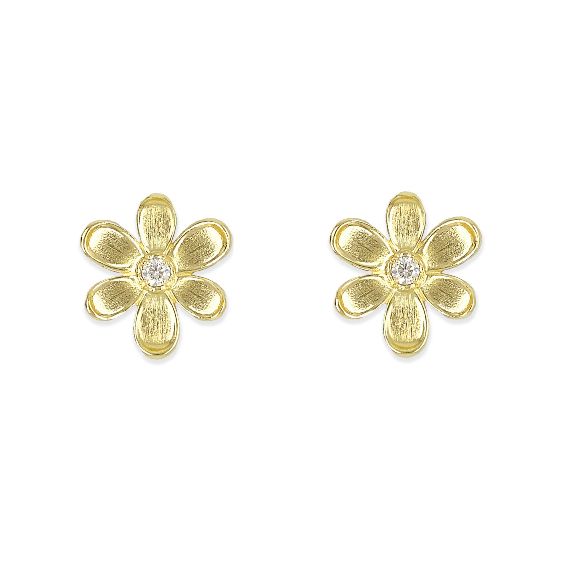 18K gold flower-shaped earrings with a central diamond on a white background
