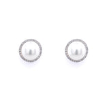 A pair of 14K white gold pearl and diamond earrings with circular designs