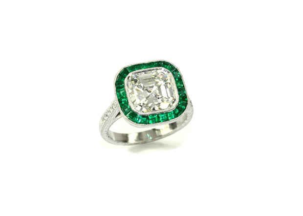 Colored Stones - Asscher Cut Diamond and Emerald Ring