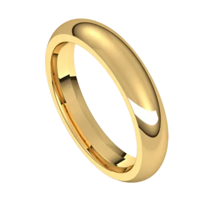 A yellow gold comfort fit band ring with a polished finish.