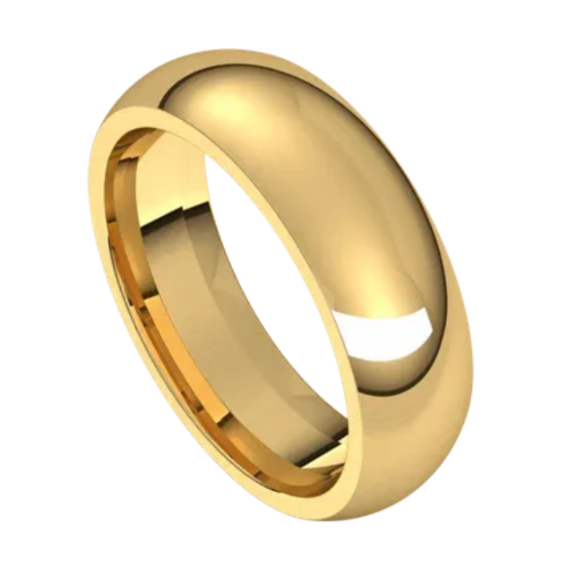 A 14k yellow gold comfort fit band ring with a 6mm width.