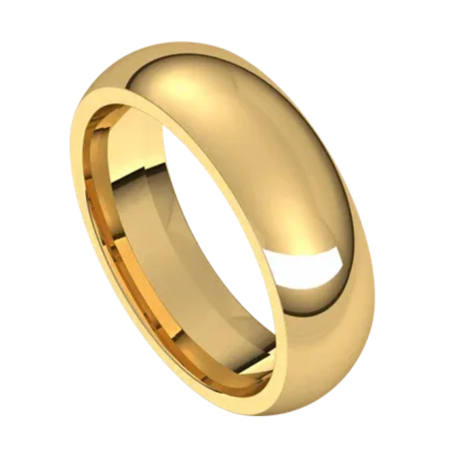 A 14k yellow gold comfort fit band ring with a 6mm width.