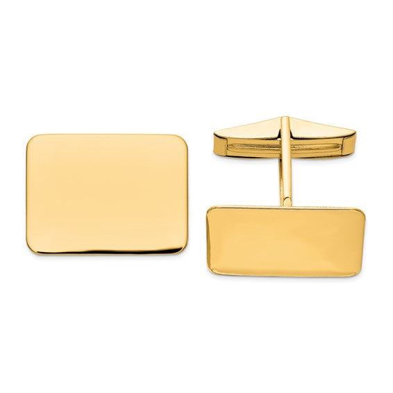 A pair of 14K yellow gold cufflinks with a plain surface and rectangular shape.
