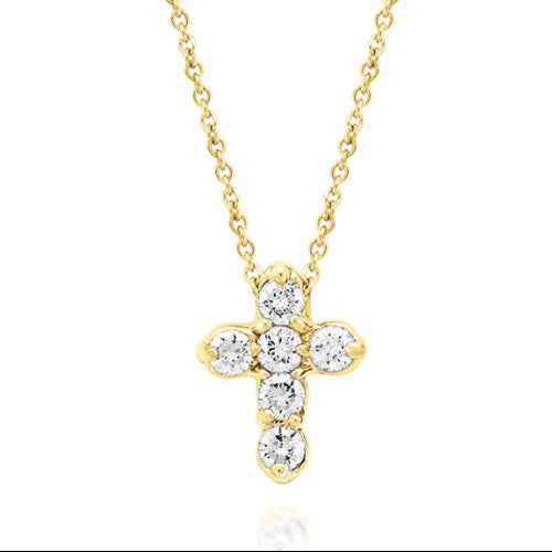 A 14K yellow gold diamond cross necklace on a white background.