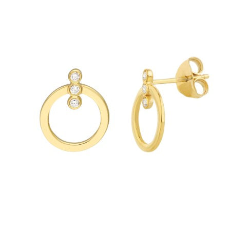 14k yellow gold flat gold circle and diamond stud earrings