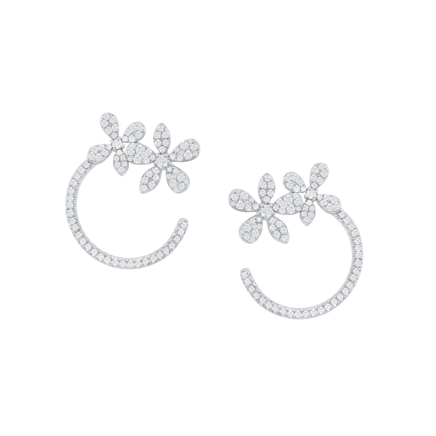 14K White Gold Open Circle Diamond Flower Stud Earrings