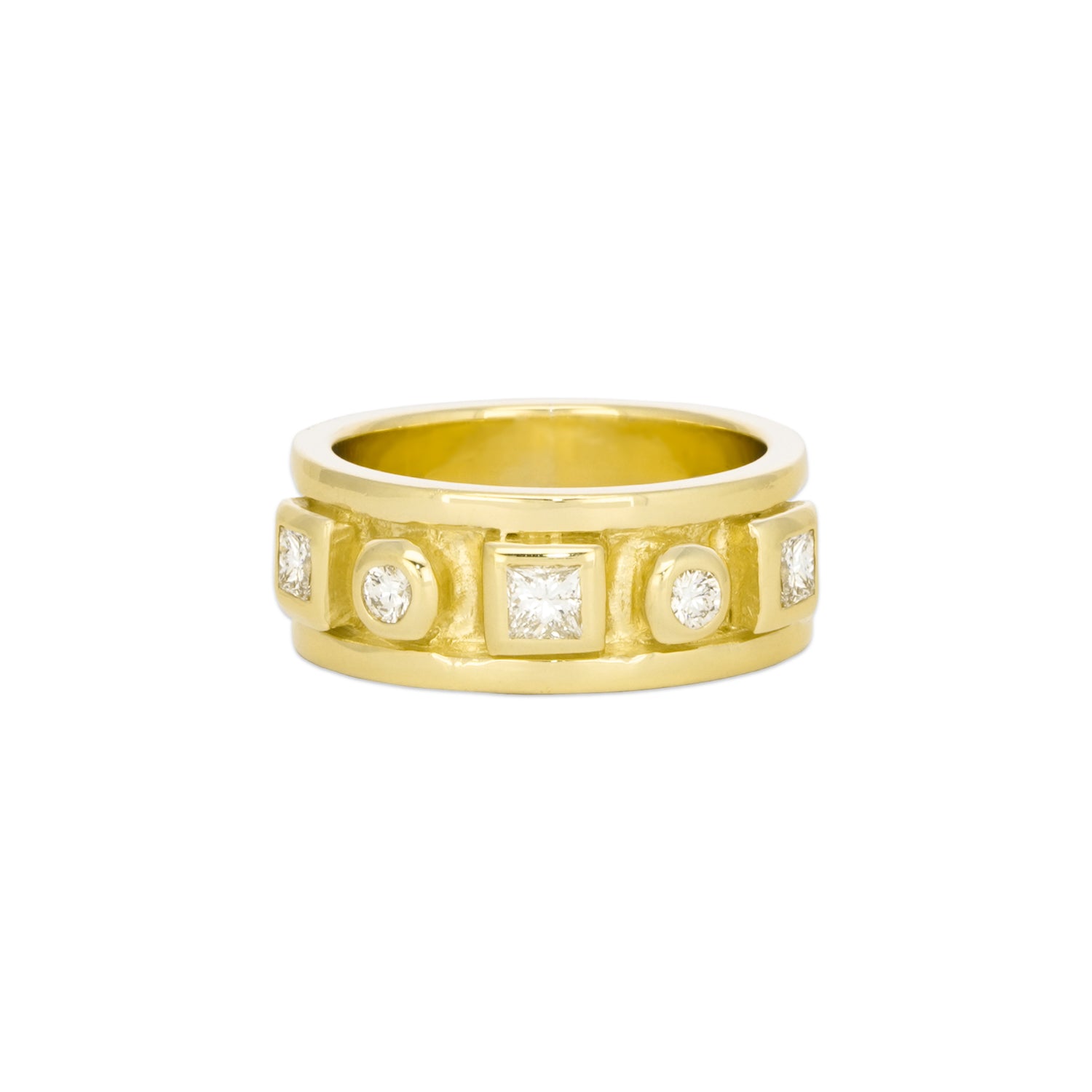 A 14K yellow gold ring with round and princess cut diamonds arranged in a band.
