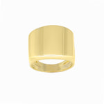 A wide band 14K yellow gold ring with a glossy finish.