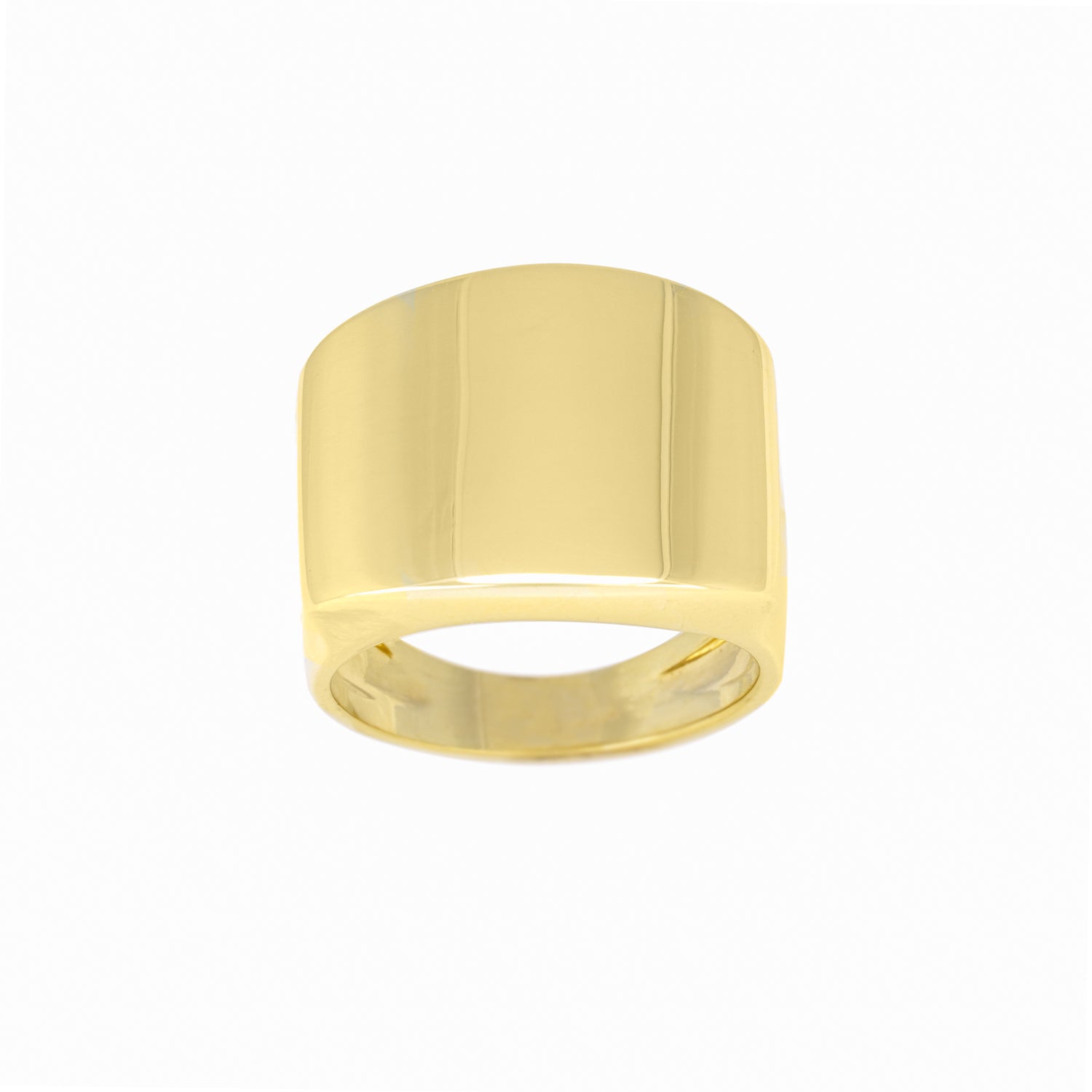A wide band 14K yellow gold ring with a glossy finish.