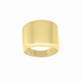 A wide band 14K yellow gold ring with a glossy finish.