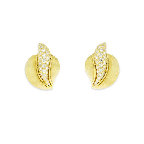 Estate Henry Dunay 18k Yellow Gold and Diamond Leaf Earrings