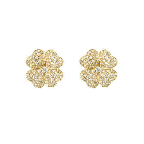 18k Yellow Gold and Diamond Small Four Leaf Flower Studs