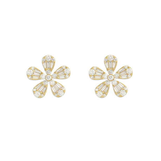 14k Yellow Gold Baguette and Round Diamond Flower Studs