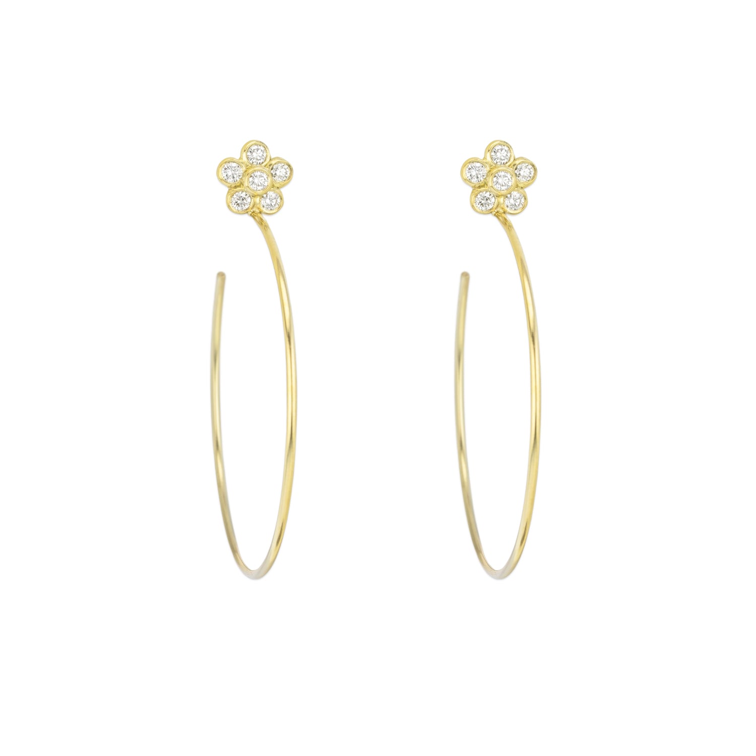 A pair of 18k yellow gold earrings featuring a flower design with all diamond embellishments.