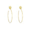 A pair of 18k yellow gold hoop earrings with a floral design at the top, against a white background.