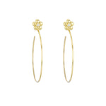 A pair of 18k yellow gold flower single diamond earrings on a white background.