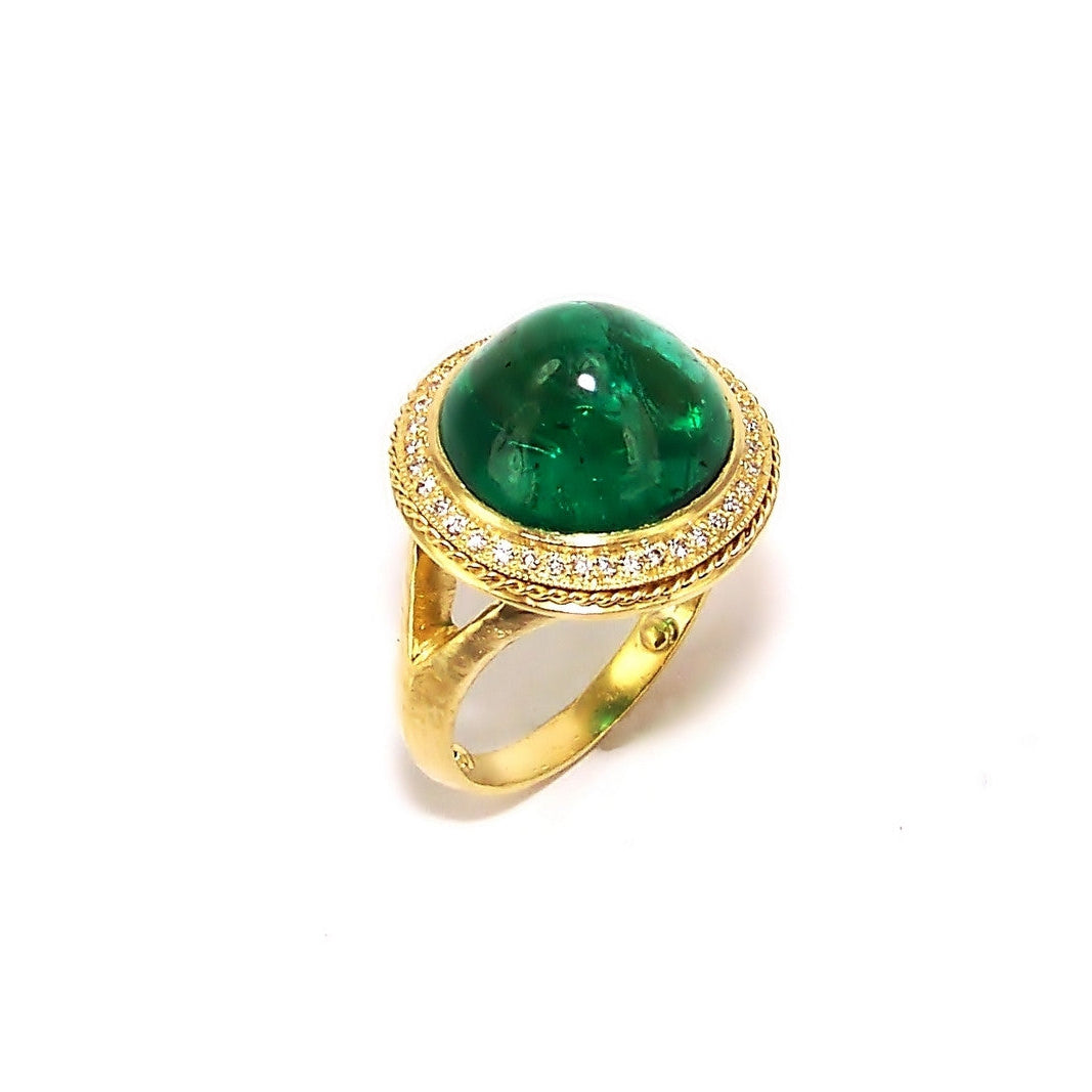 18K Yellow Gold Cabochon Emerald Ring with Diamonds
