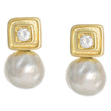 A pair of 18K yellow gold pearl and diamond drop earrings 