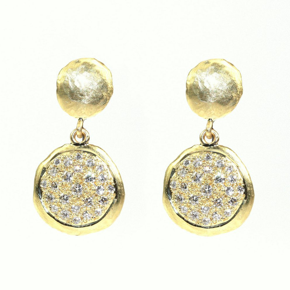 18K Yellow Gold drop earrings with circular diamond designs on a white background