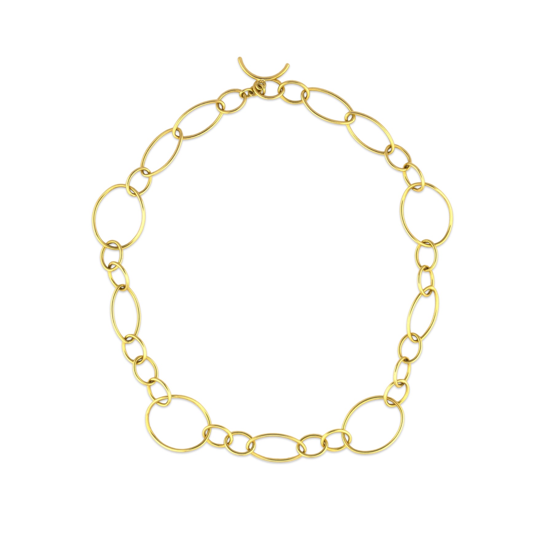 An 18k yellow gold link and toggle necklace on a white background