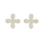 A pair of 18k yellow gold and diamond four petal flower stud earrings.