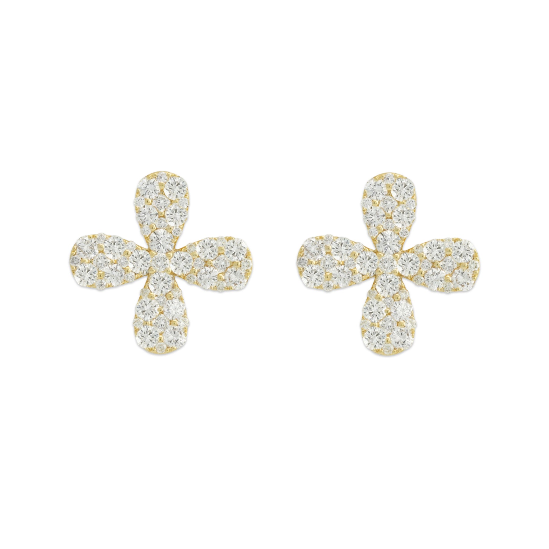 A pair of 18k yellow gold and diamond four petal flower stud earrings.