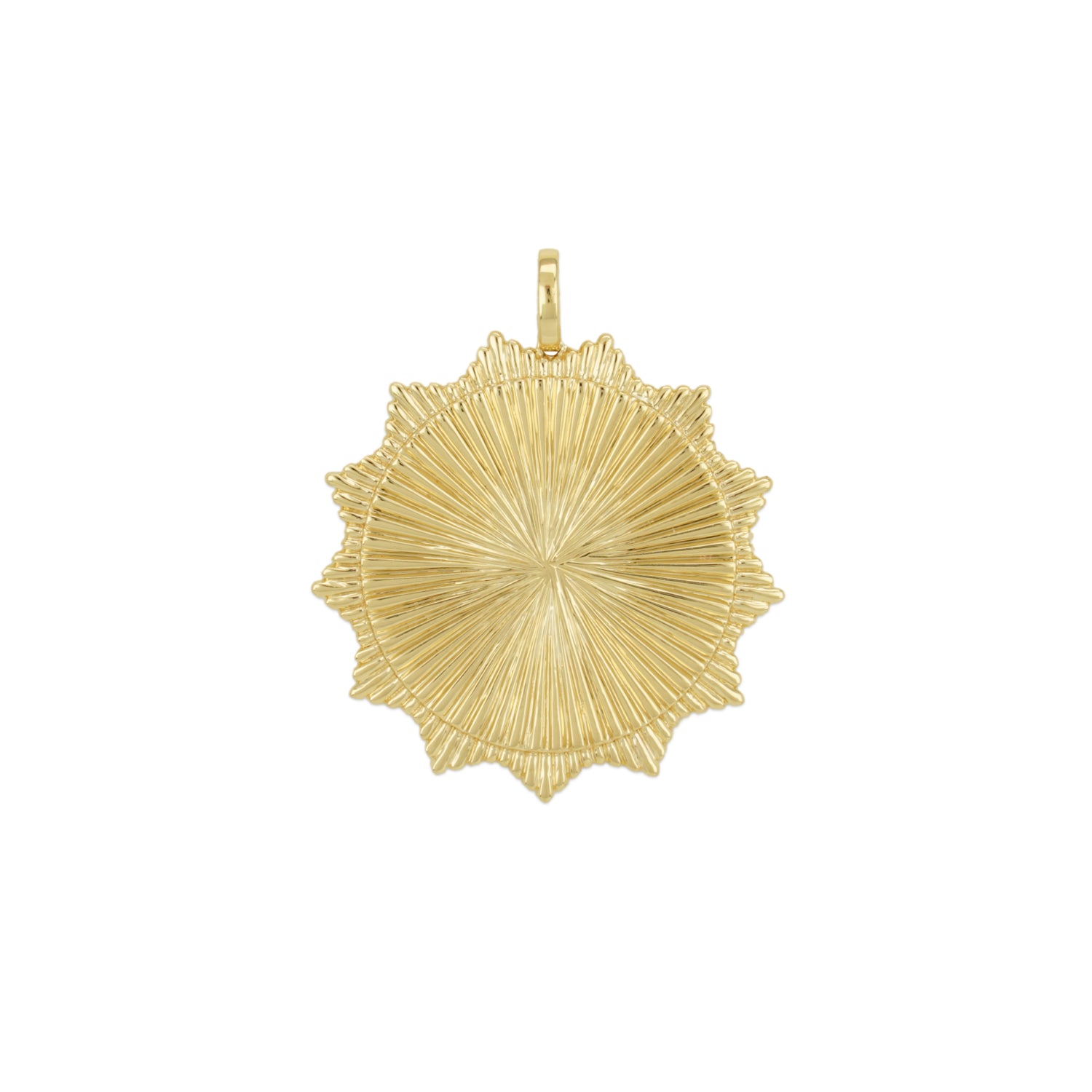 A high polished 18K yellow gold sunburst pendant with a loop at the top for attachment.