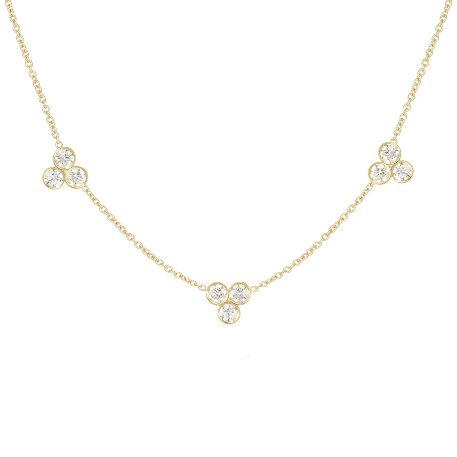 An 18K yellow gold necklace featuring three diamond stations 